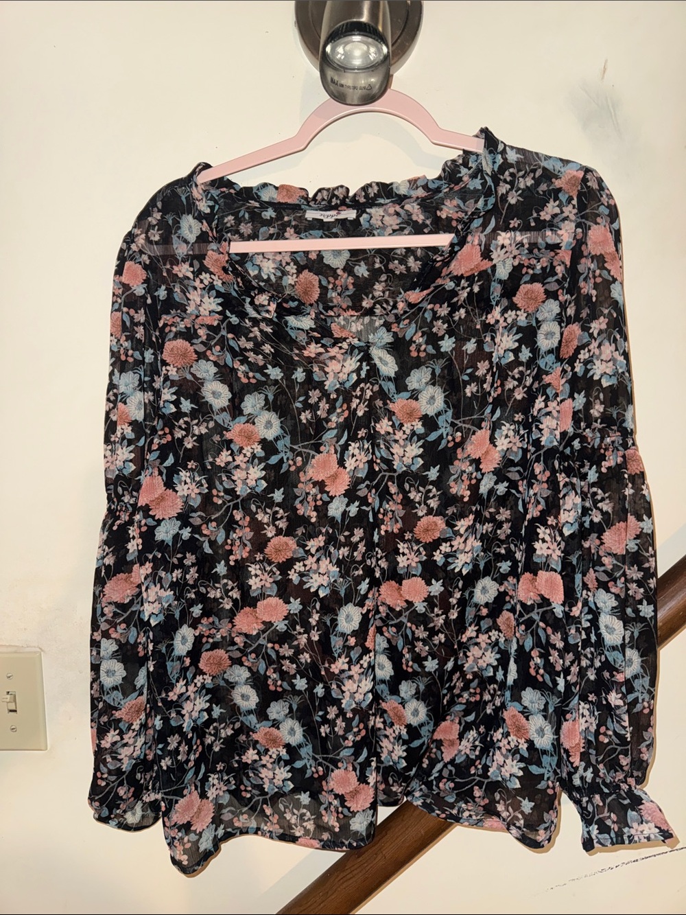 Black Floral Blouse with Pink & Light Blue Blooms